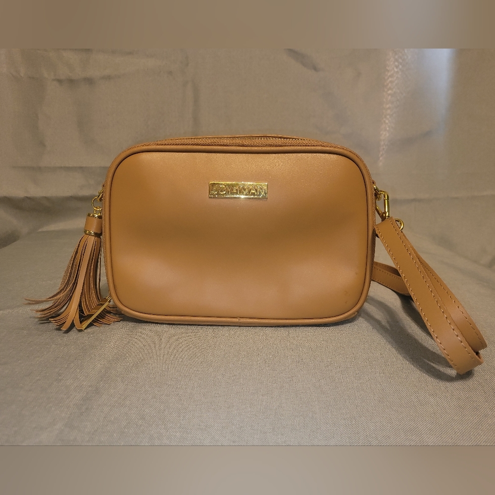 NWOT Joy & Iman Crossbody Double Zipper Multi Compartment Tan 100% Leather